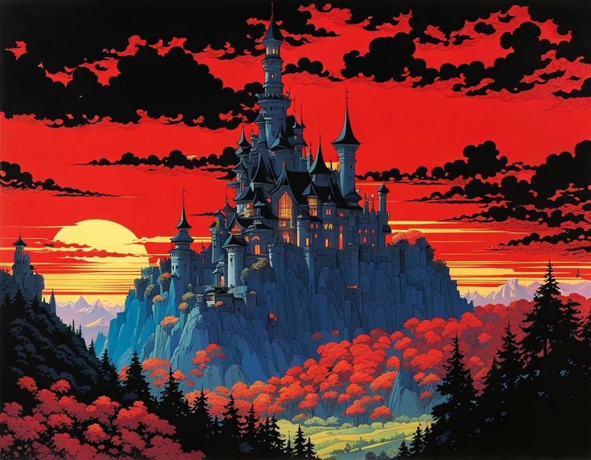 Gothic Castle with Crimson Door and Flame Braziers