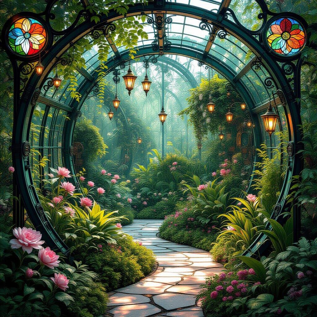 Art Nouveau Mechanical Garden with Bioluminescent Flora