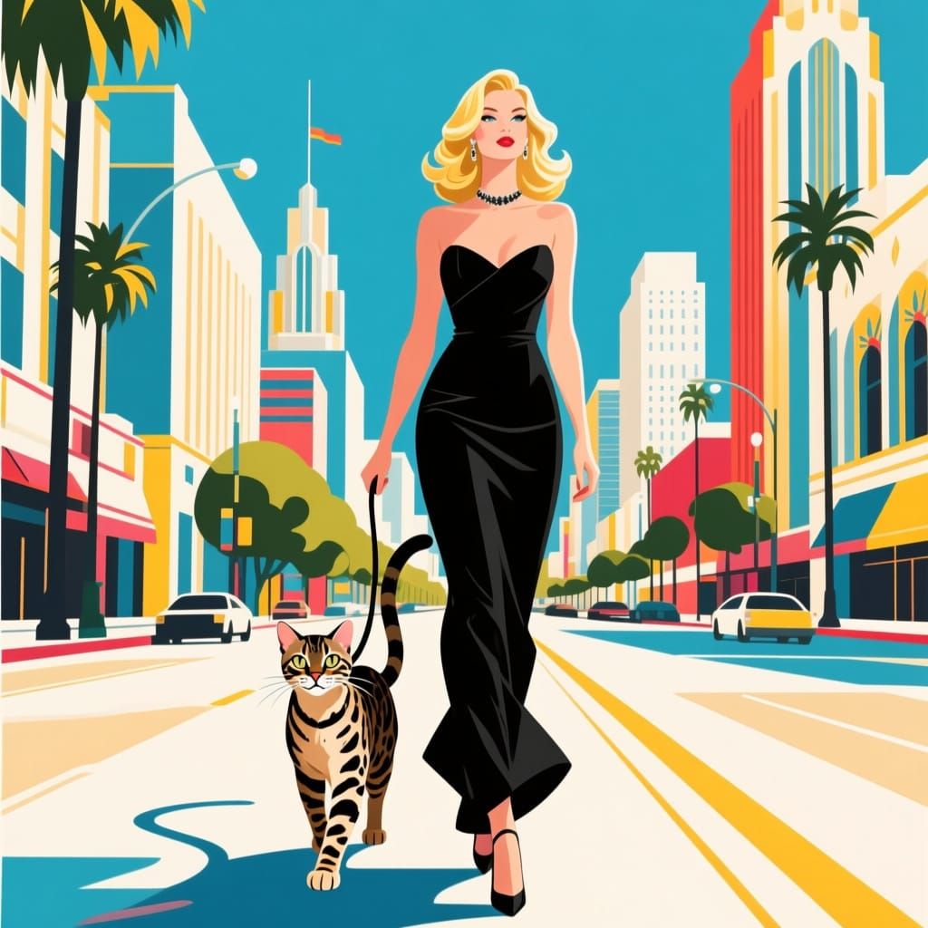 Woman in Black Gown Walks Ocelot on Hollywood Boulevard