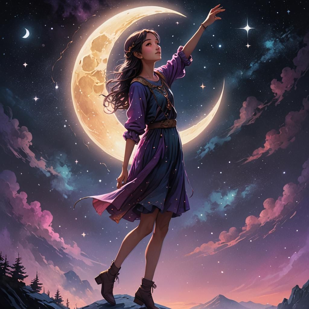 Girl Reaching for Moon in Ethereal Night Sky