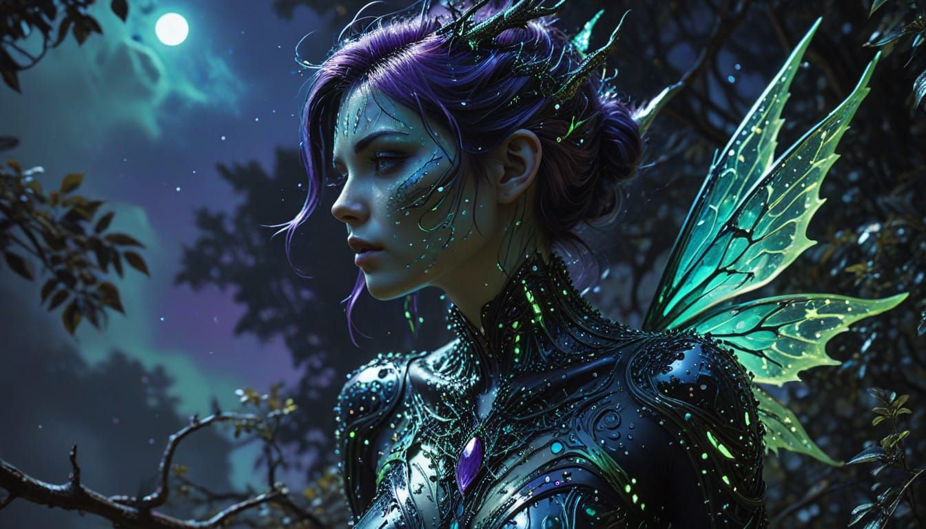 Gothic Fairy Queen in Neon Wings and Moonlight