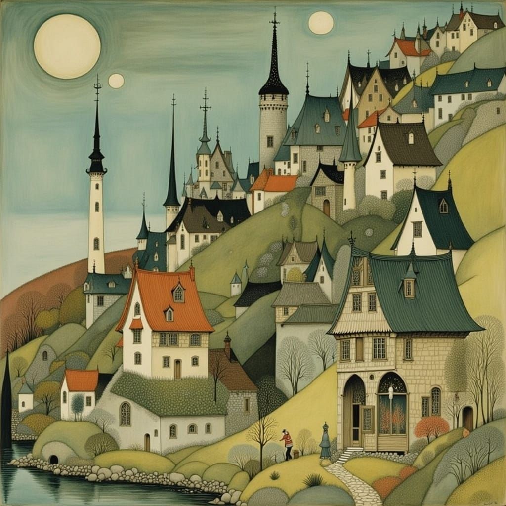 Charming Town Inspired by Lithography and Surrealism