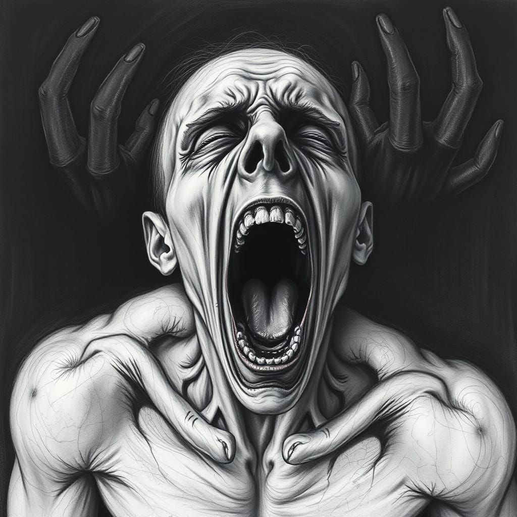 Figure Consumed by Terror: A Charcoal Drawing