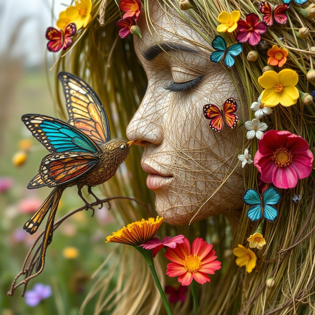 Woman of Strings Kissing Butterfly Bird