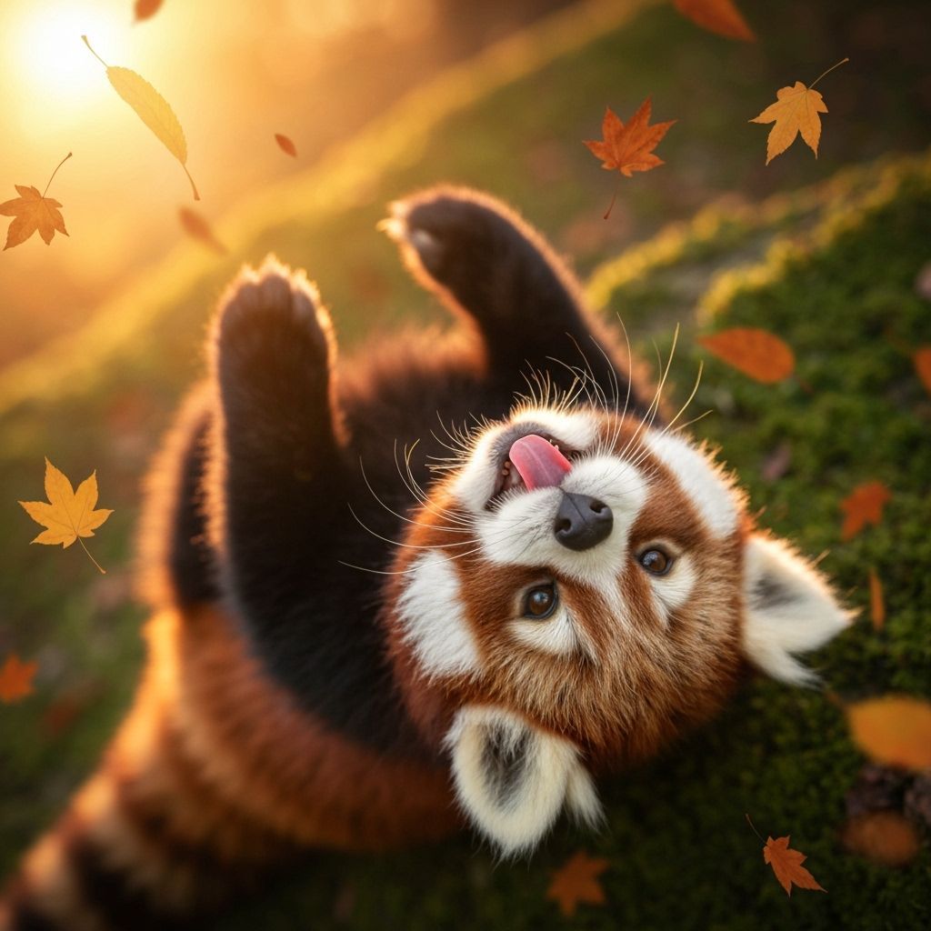 Adorable Red Panda Cub Plays in Autumn Leaves