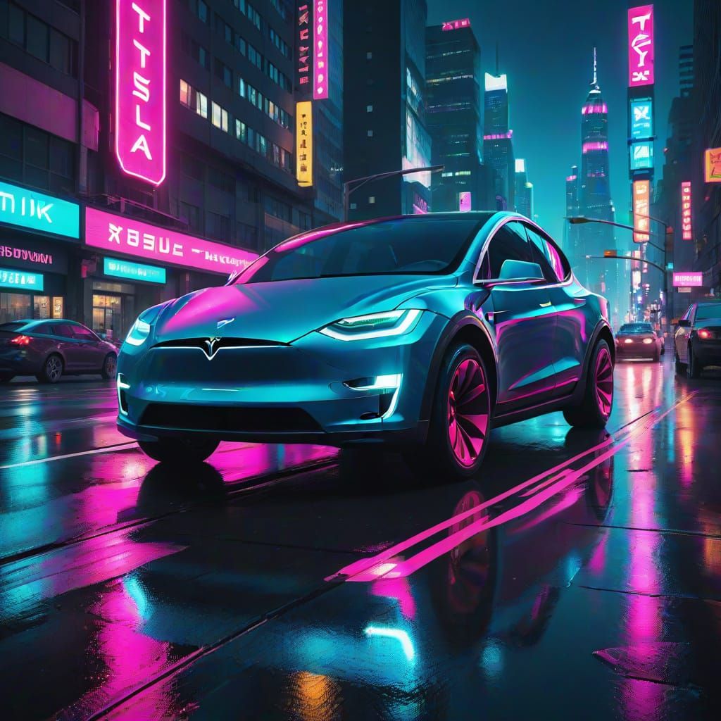 Cyberpunk Tesla Speeds Through Neon NYC