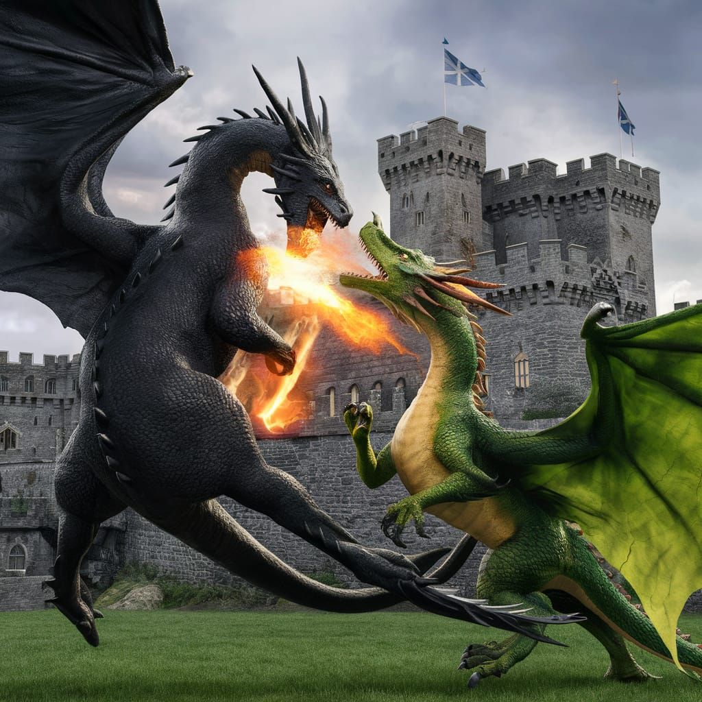 Two dragons, A black Fire breathing medieval dragon fighting...