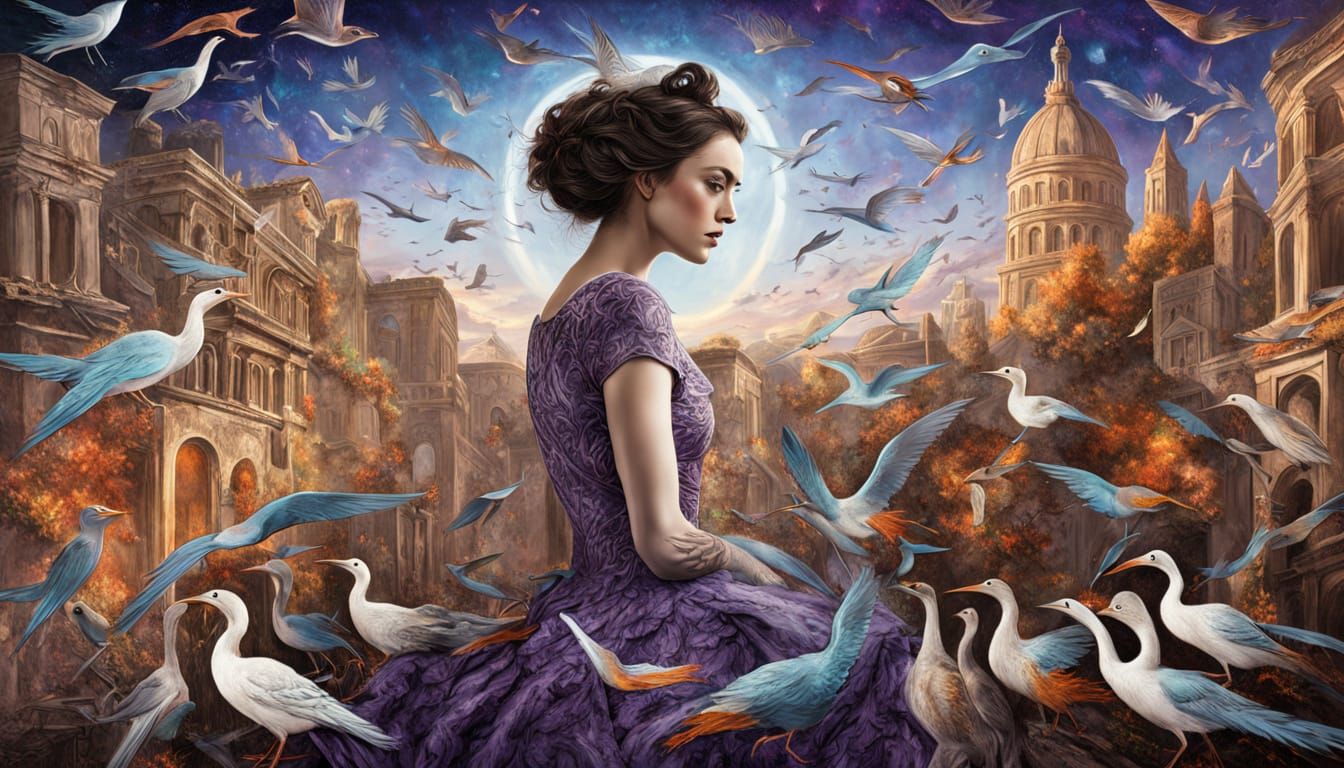 Woman Transforms into Birds Amid Cosmic Energy