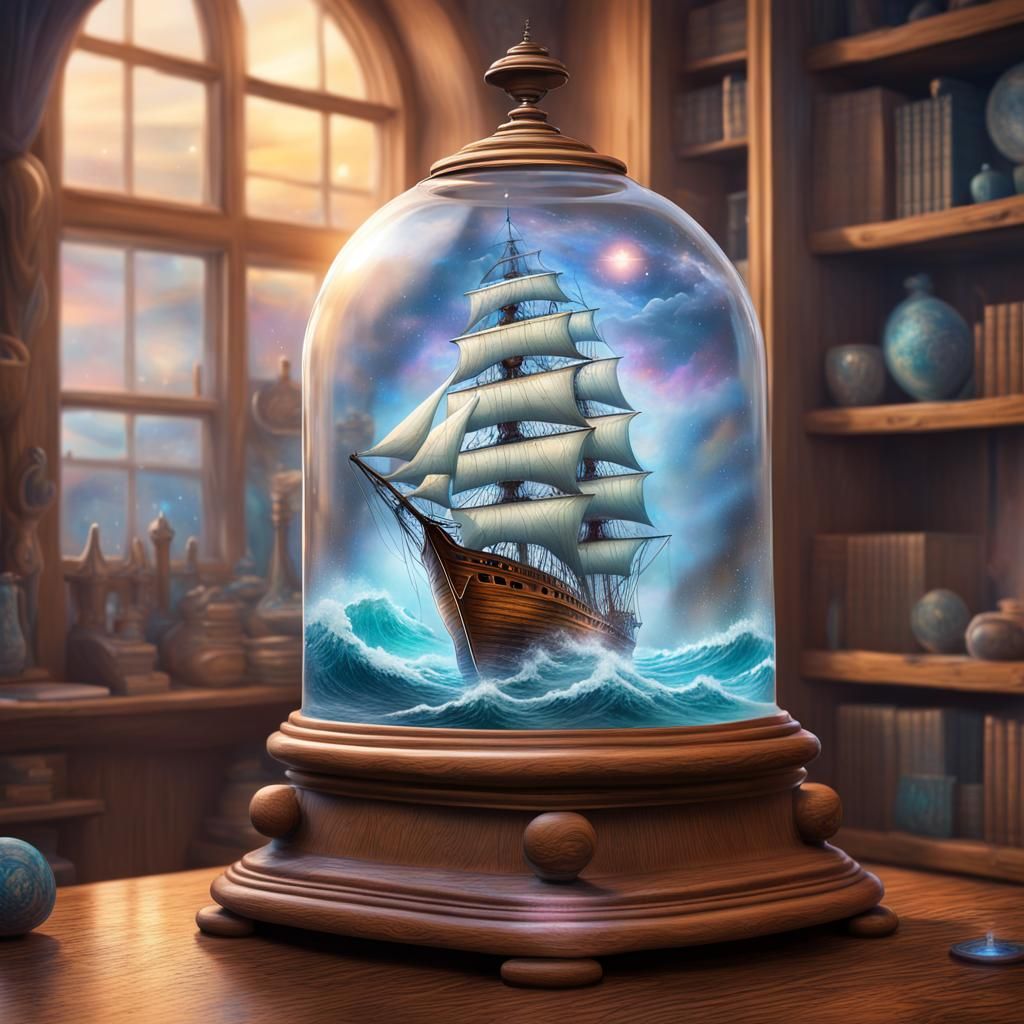 Ship in Bell Jar: Ethereal Fantasy Illustration