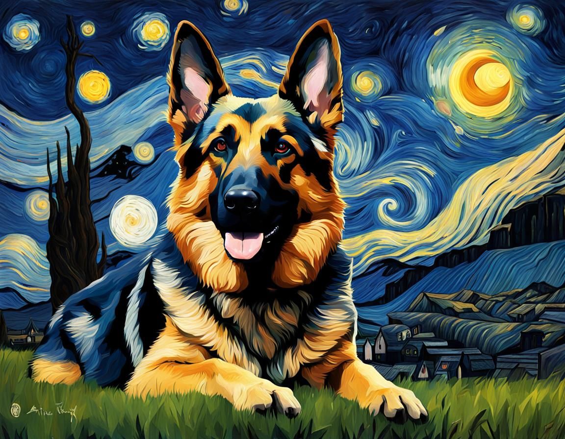 German Shepherd Starry Night Fusion: A Digital Masterpiece