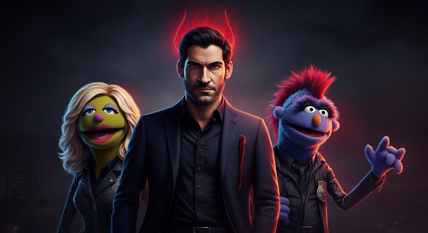 Muppet Version of Lucifer Morningstar in Dark Los Angeles