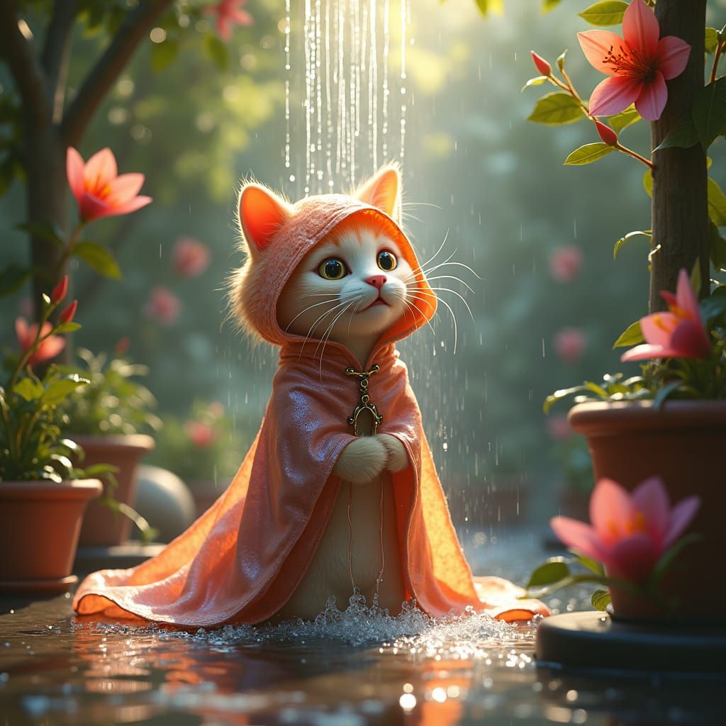Startled Cat in Flower Shower: Fantasy Concept Art