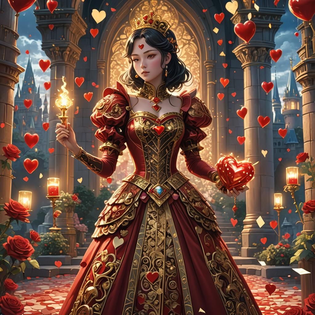 Anime queen of hearts, wearing an elaborate red and gold gow...