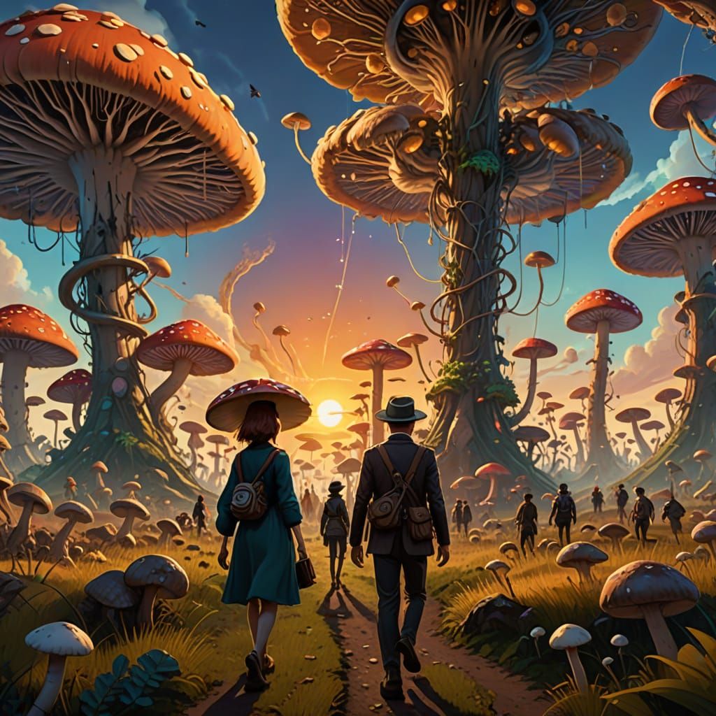 Elegant Fungi Stroll through Solarpunk Spore Fields
