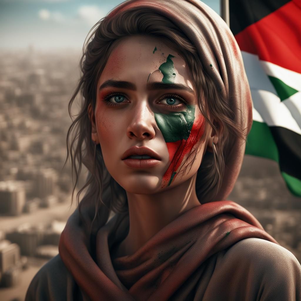 Girl Crying with Palestine Flag Tattoo, Digital Art