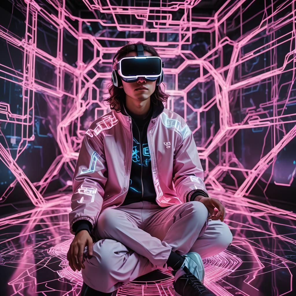 Cyberpunk Hacker on Floating Data Platform