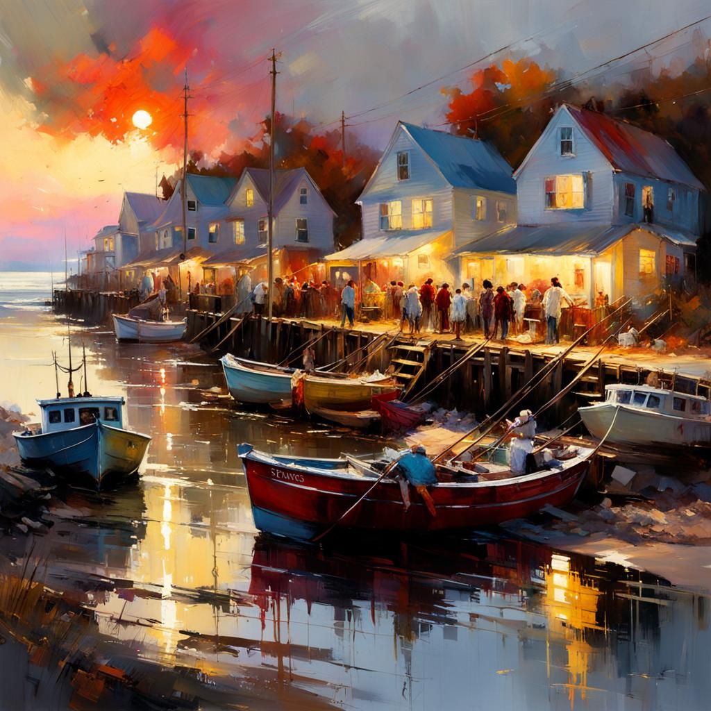 New England Fishing Village at Sunset: Matte Painting