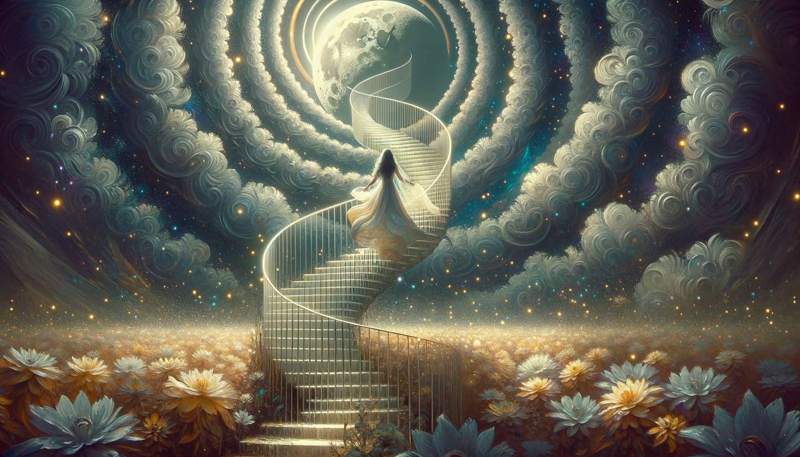 Woman Ascending Chocolate Staircase to Moon, Impressionism