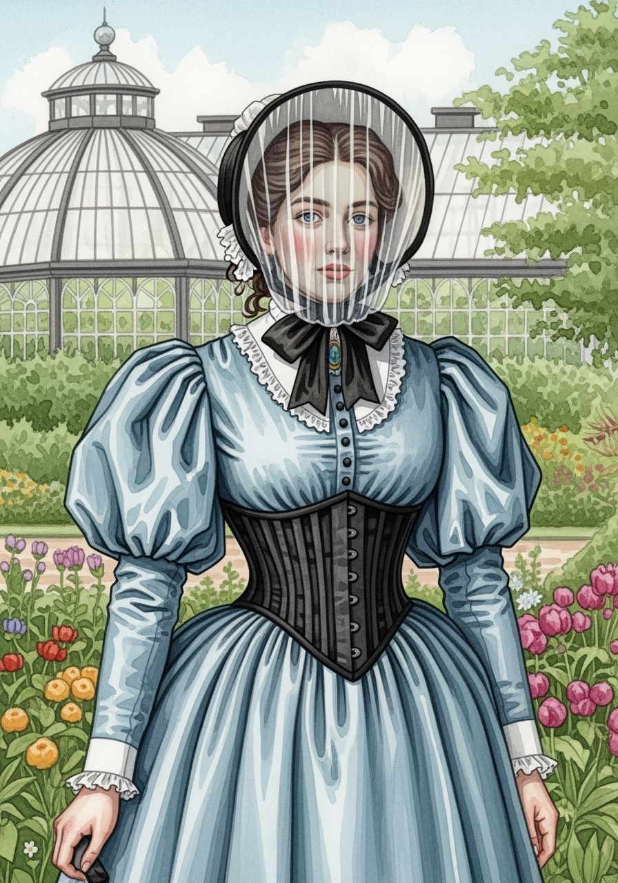 Victorian Woman in Botanic Garden: Watercolor Painting