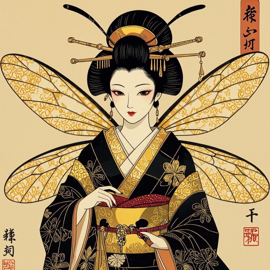 Humanoid Bee Noble in Feudal Japan Ukiyo-e Style
