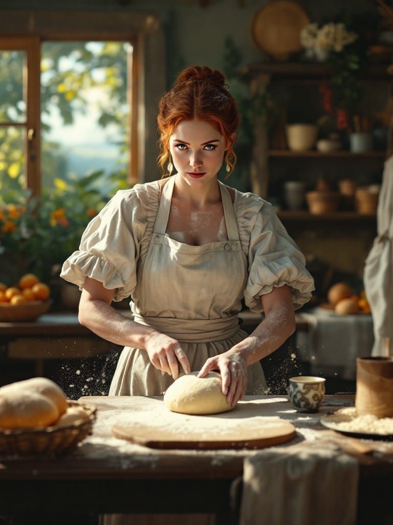 Redhead Baker in Surreal Kitchen, Rousseau Style