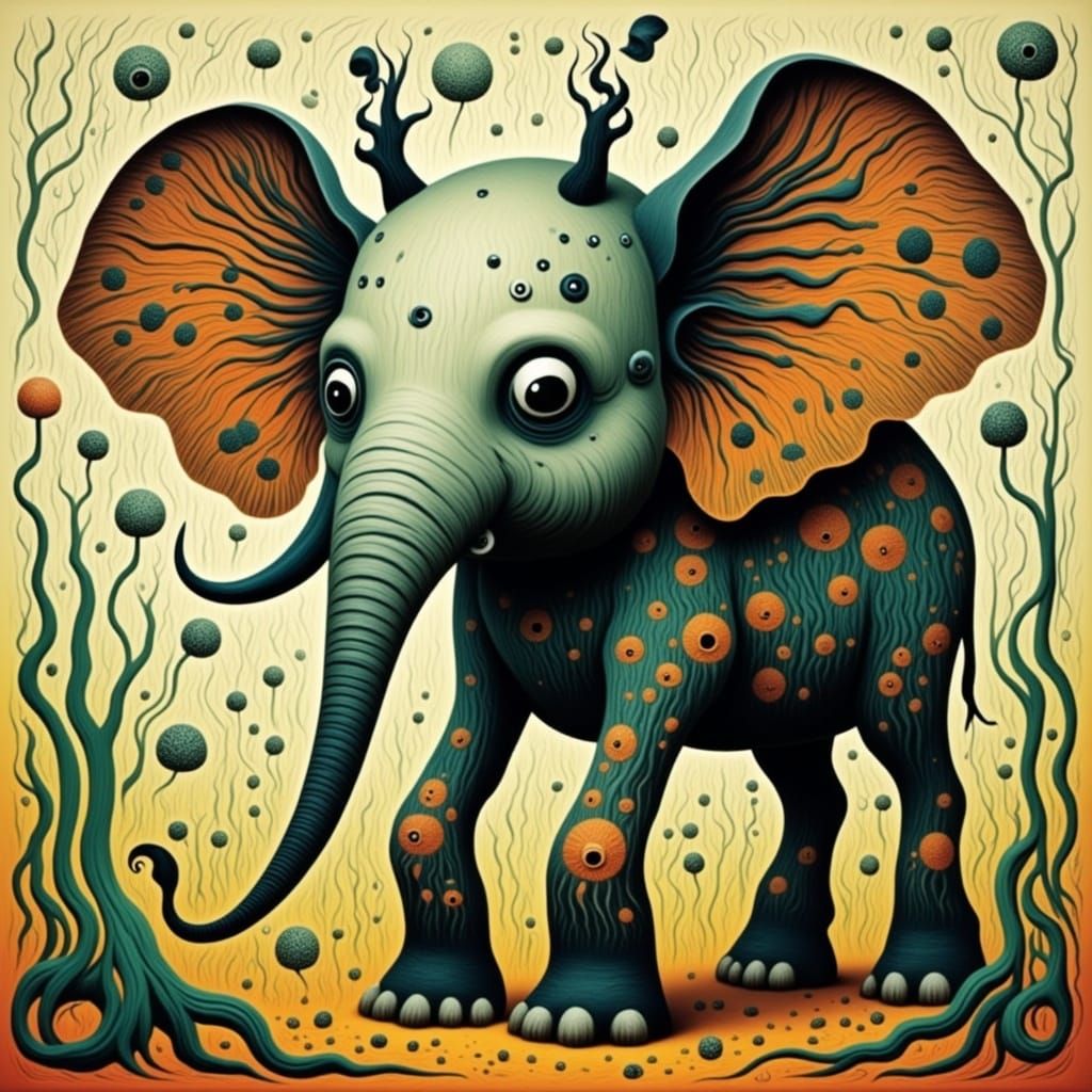 Surreal Whimsy in Oil on Canvas: Quirky Elephant Portrait