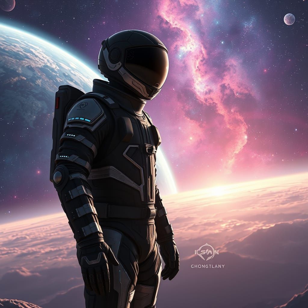 Heroic Space Pilot in Futuristic Exosuit, Set Against Vibran...