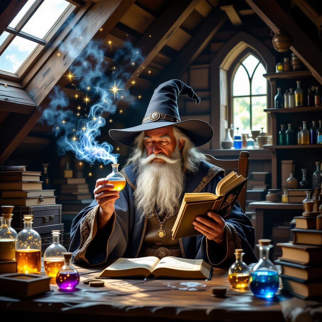 Old Mage Brews Potion in Dusty Attic