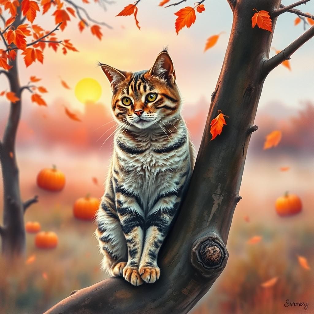 Striped Cat in Autumnal Watercolor Landscape
