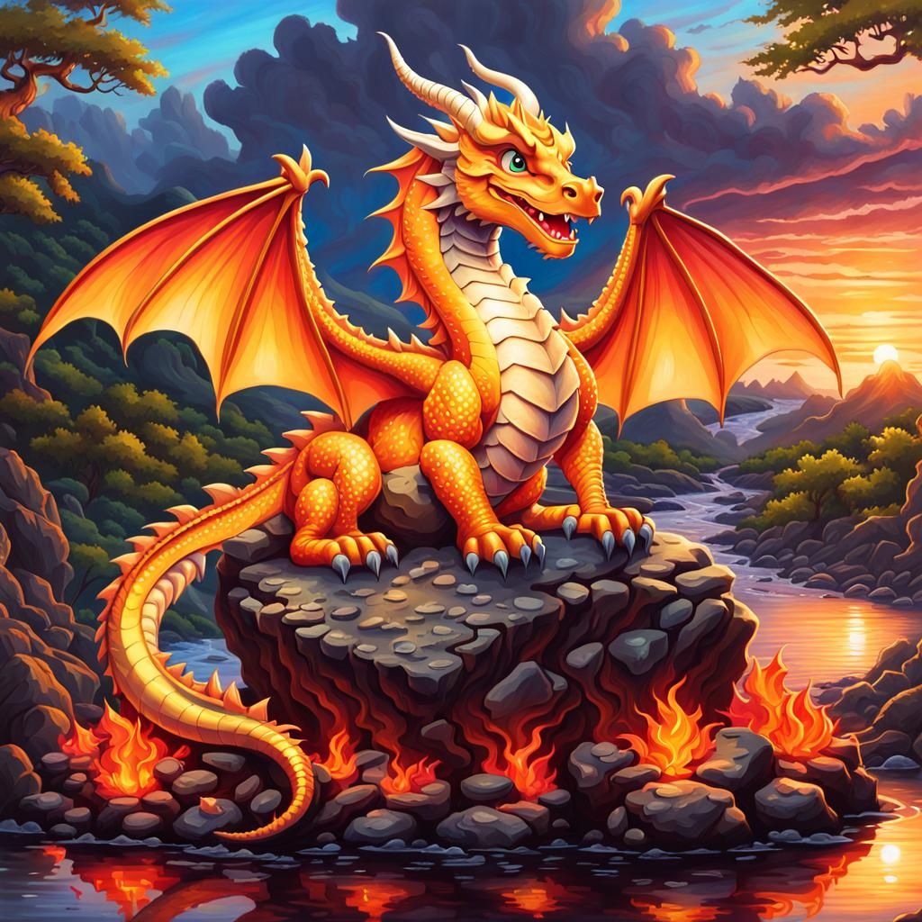 Happy Dragon in Lava River: Hand-Drawn Illustration
