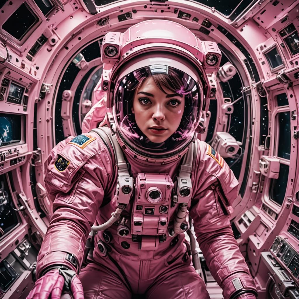 Hyperrealistic Pink Astronaut at Airlock in HDR