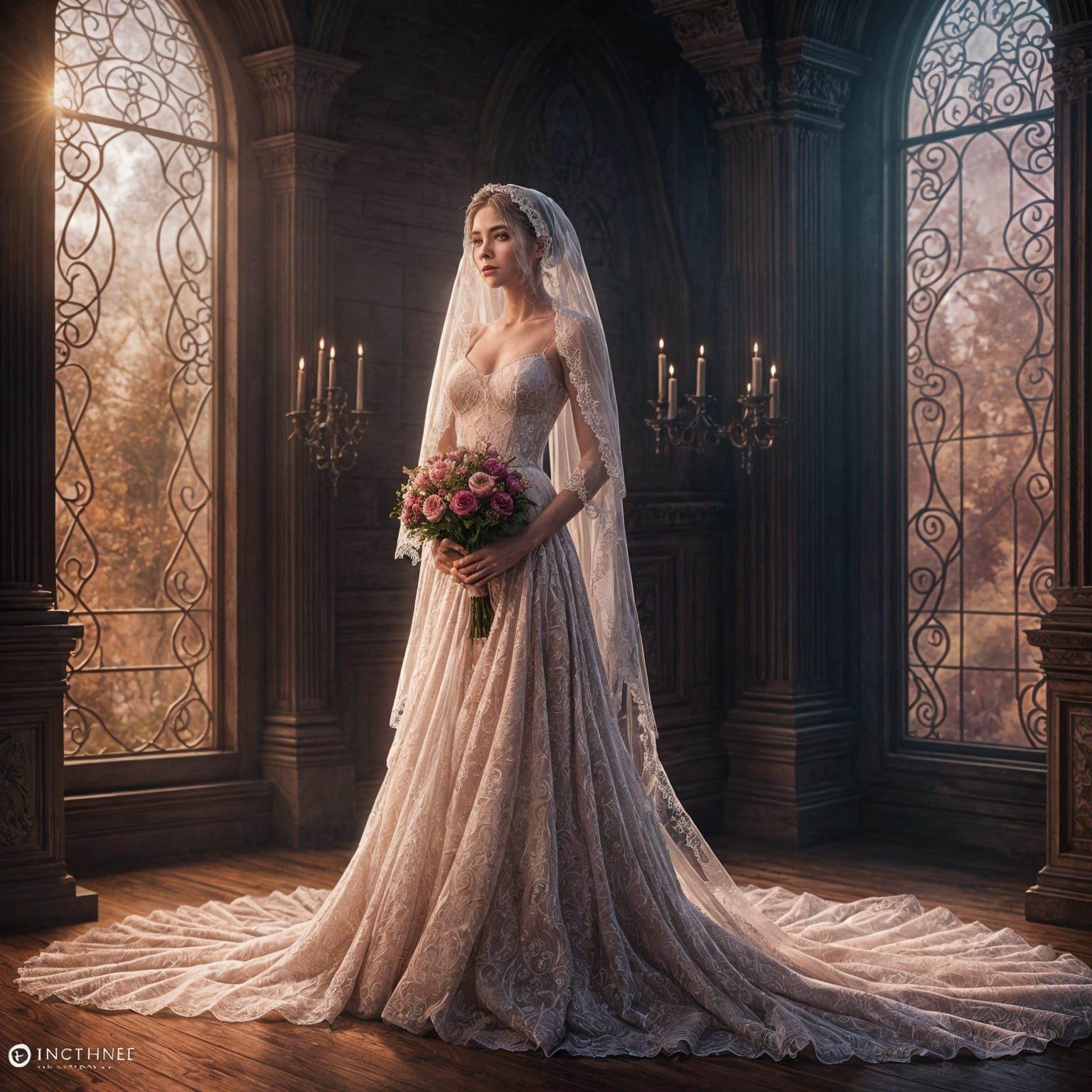 Bride with Lace Veil in Detailed Matte Painting