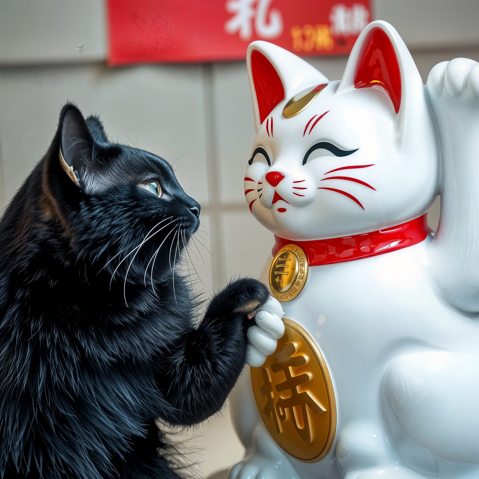 Funny Black Cat vs Maneki Neko Statue