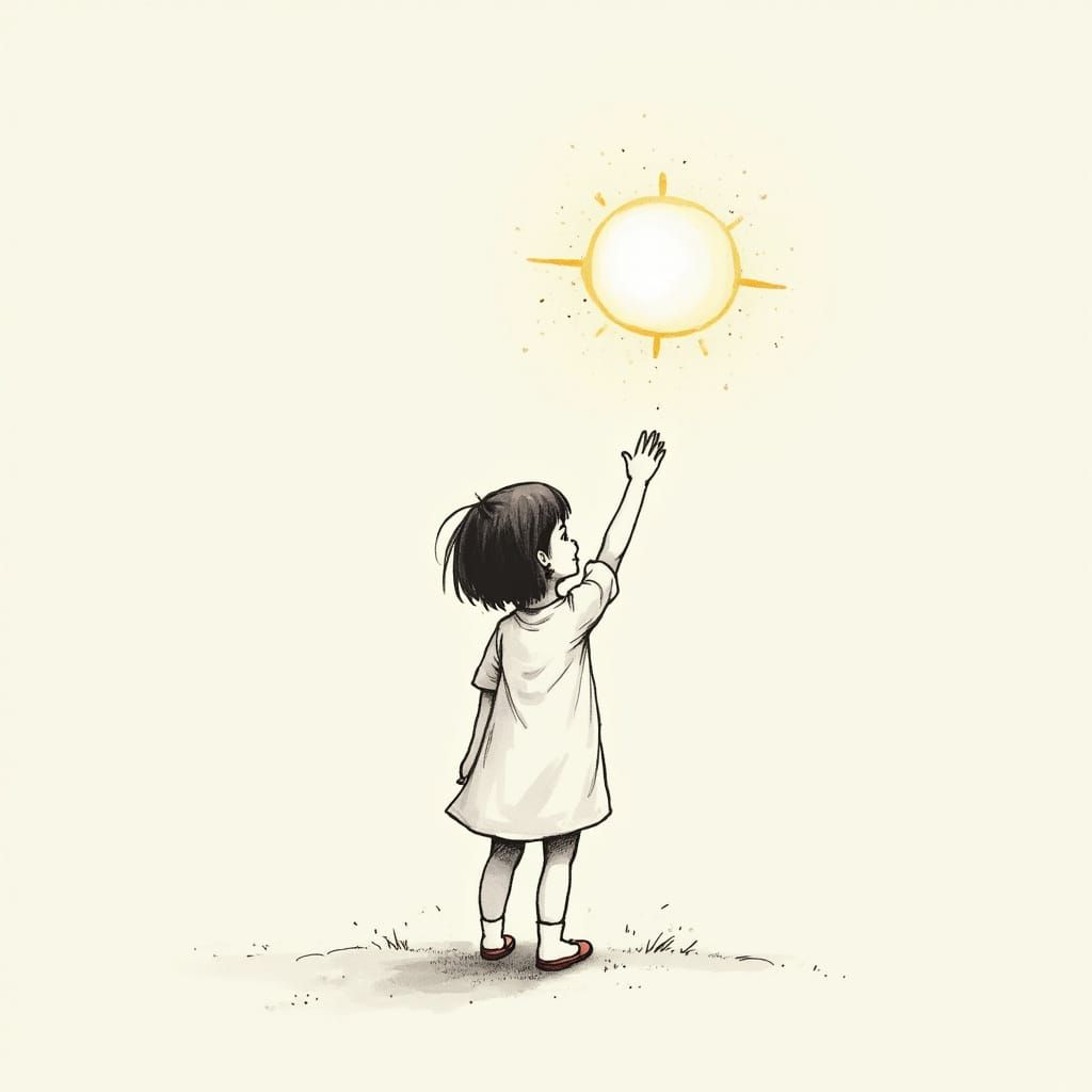 Girl Reaching for Orb: Minimalist Black Ink Art