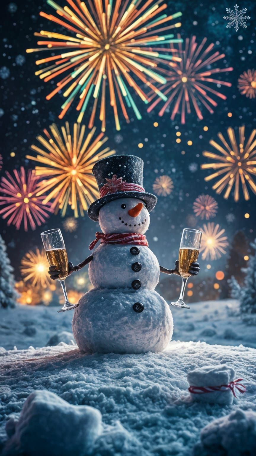 Magical New Year's Eve Snowman Amidst Vibrant Fireworks