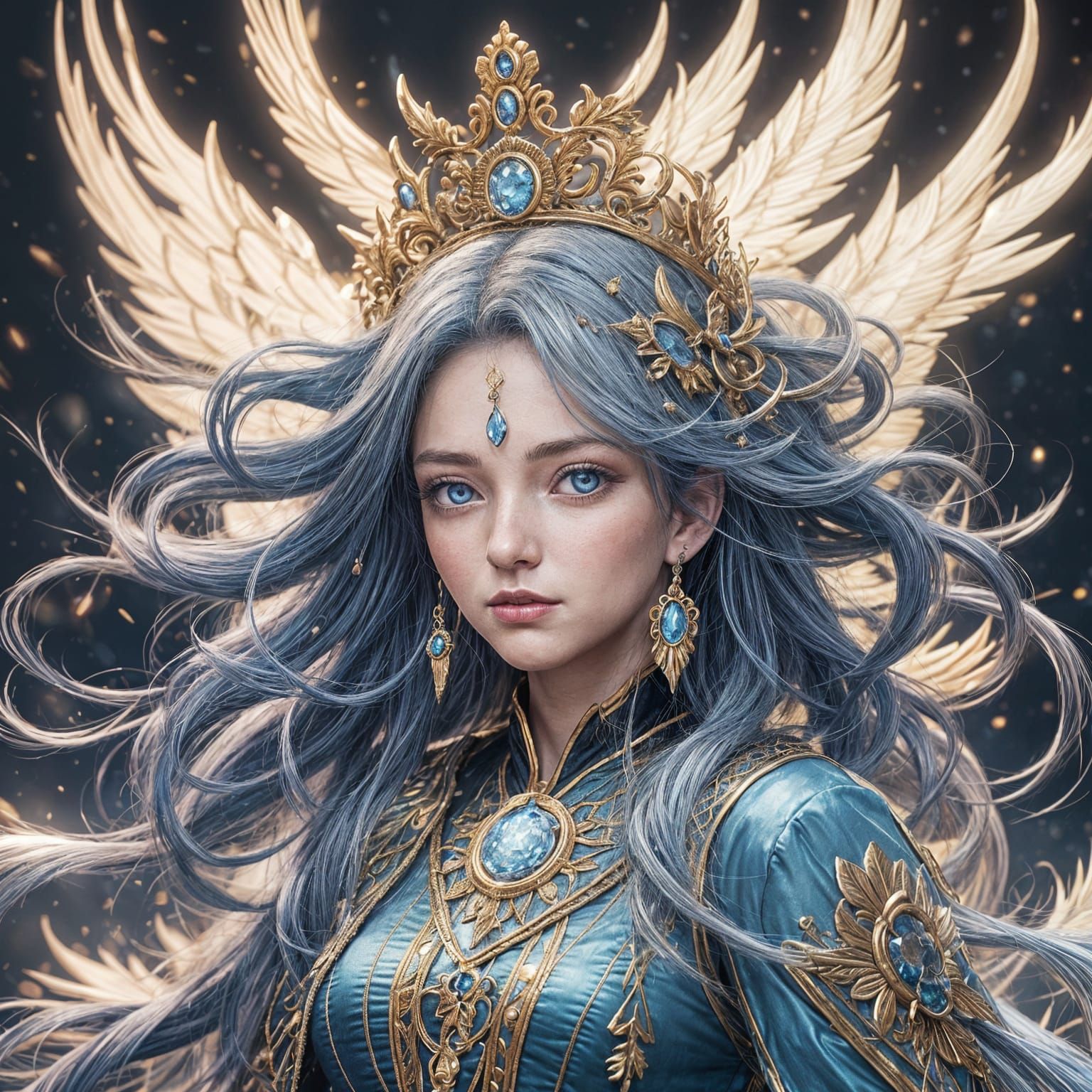 Majestic Anime Goddess with Dark Blue Hair and Yellow Eyes