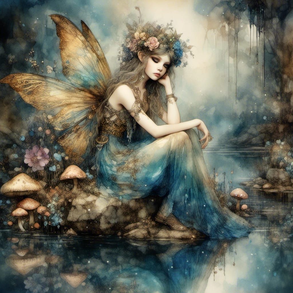 Sad Fairy on a Rock in Watercolor and Oil