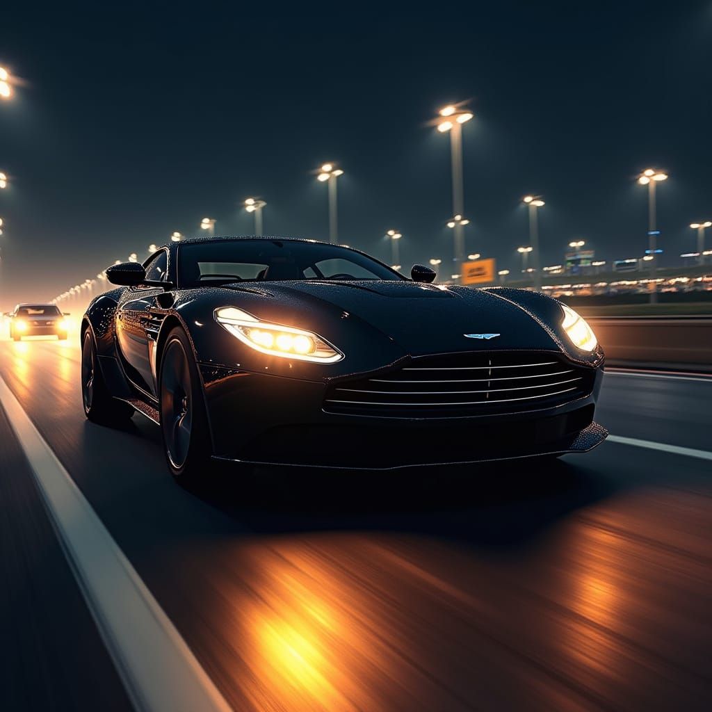 Aston Martin DB12 Races at Night in Mead Style