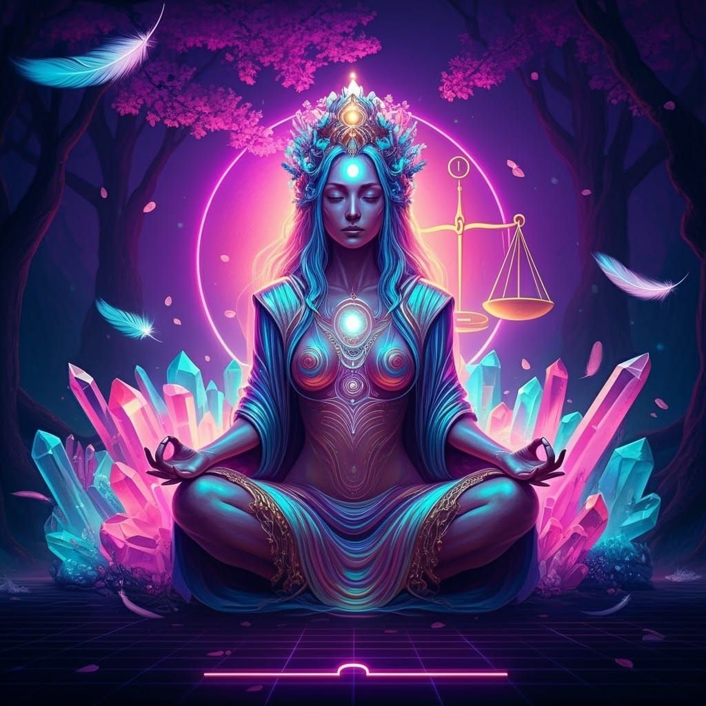 Neon Goddess in Yoga Pose, Synthwave Style