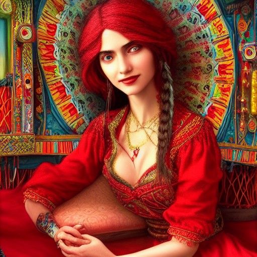 Gypsy Fortune Teller in Vibrant Caravan, Detailed Digital Ar...
