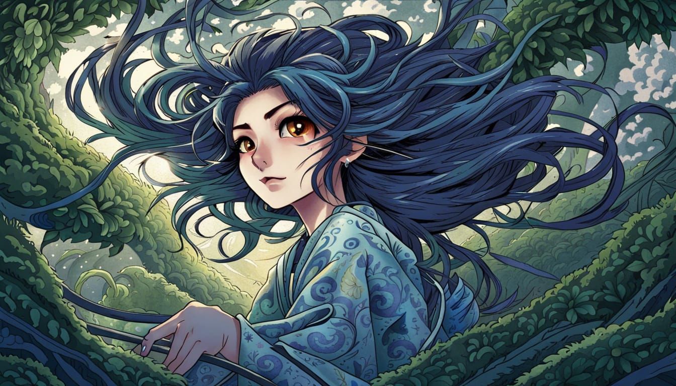 Cat Girl Lost in Moonlit Ukiyo-e Hedge Maze