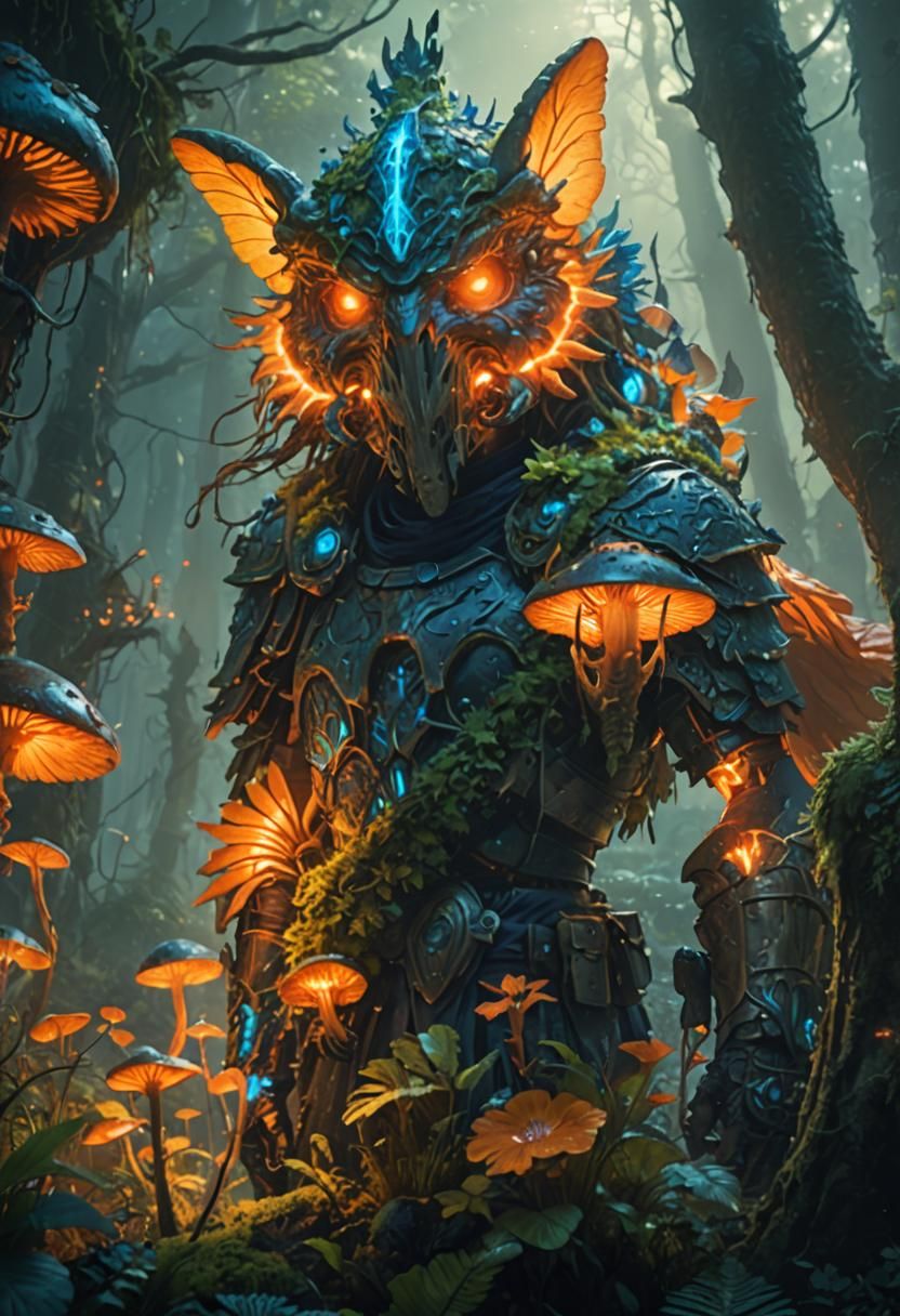 Heroic Fantasy Warrior in Mystical Glowing Forest