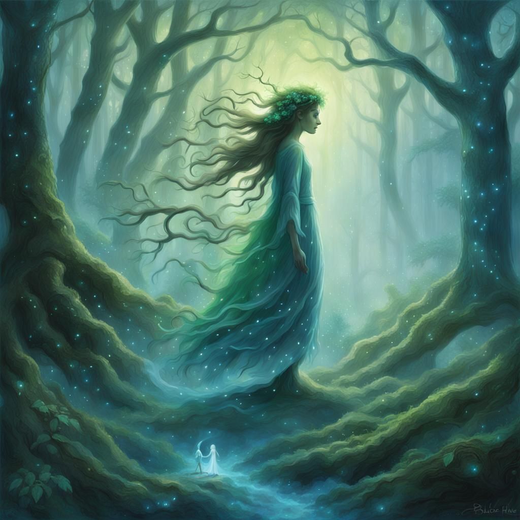 Sleepwalking Dryad in Misty Forest: Surrealist Art