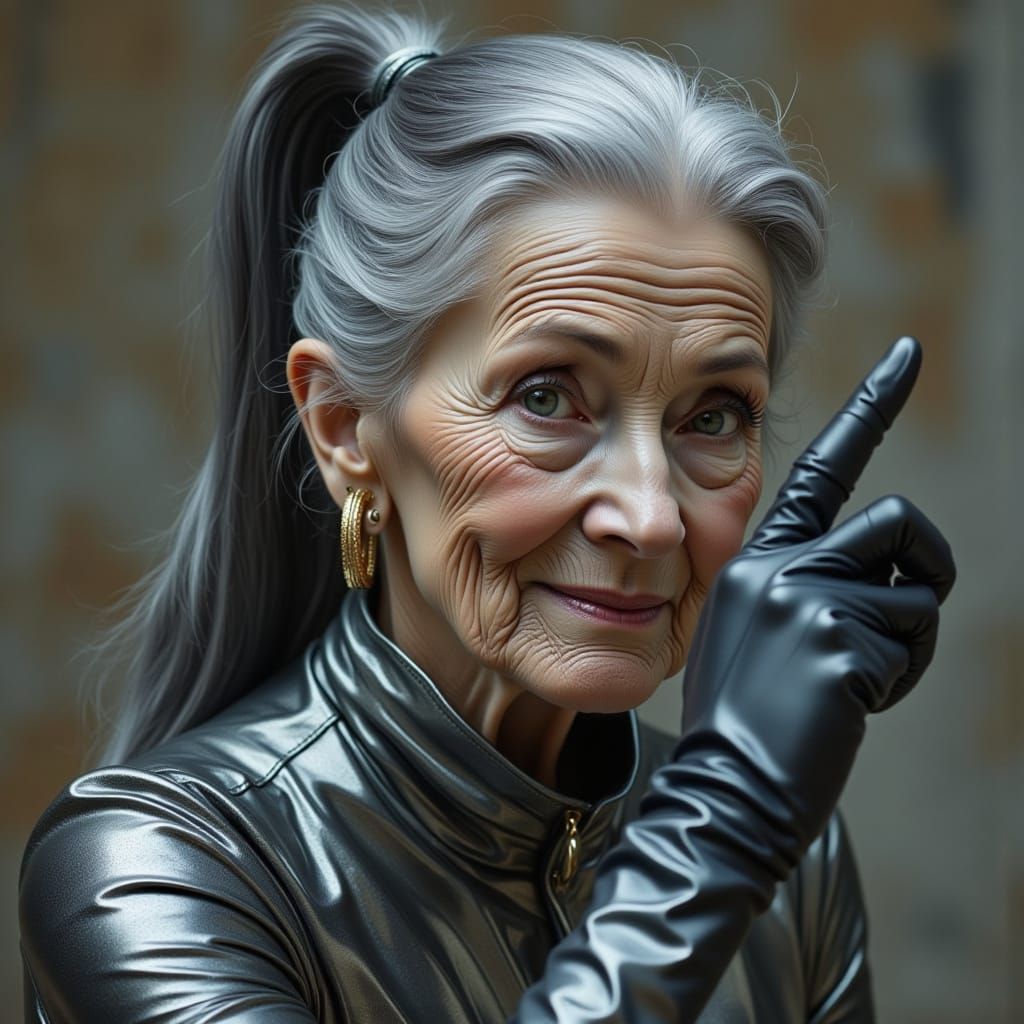 Elegant Elderly Woman in Silver Catsuit Dancing