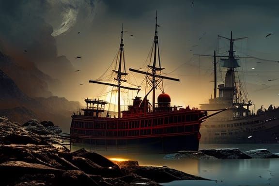 Eerie Ship Graveyard Under Full Moon