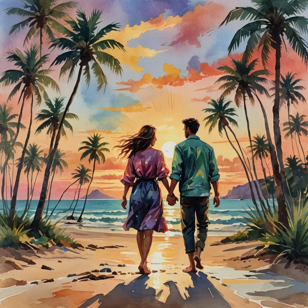 Young couple holding hands on the beach watching the sunset,...