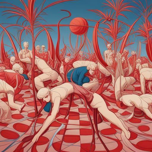 Surreal Human Croquet Scene in Illustrative Style
