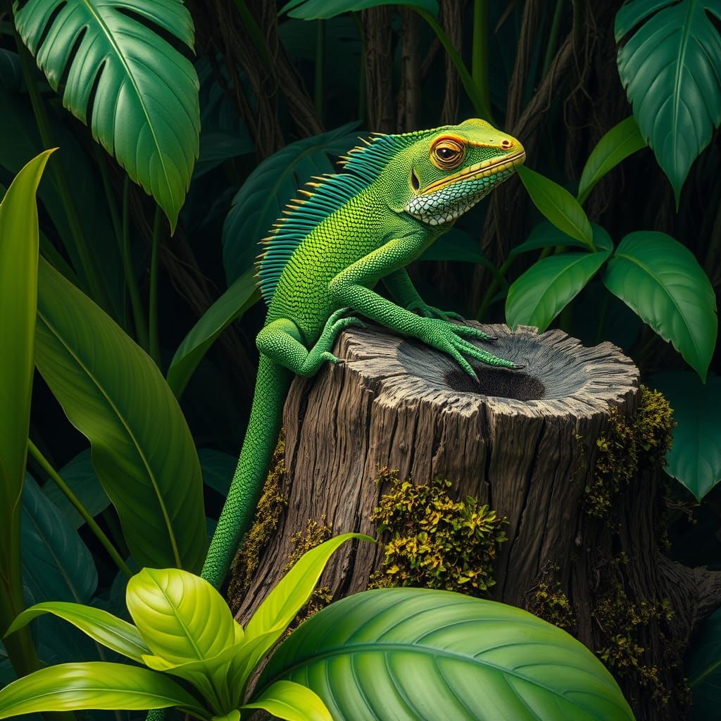 Vibrant Tropical Lizard in a Mystical Forest