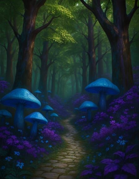 Enchanted Forest with Emerald Canopy and Azure Mushrooms