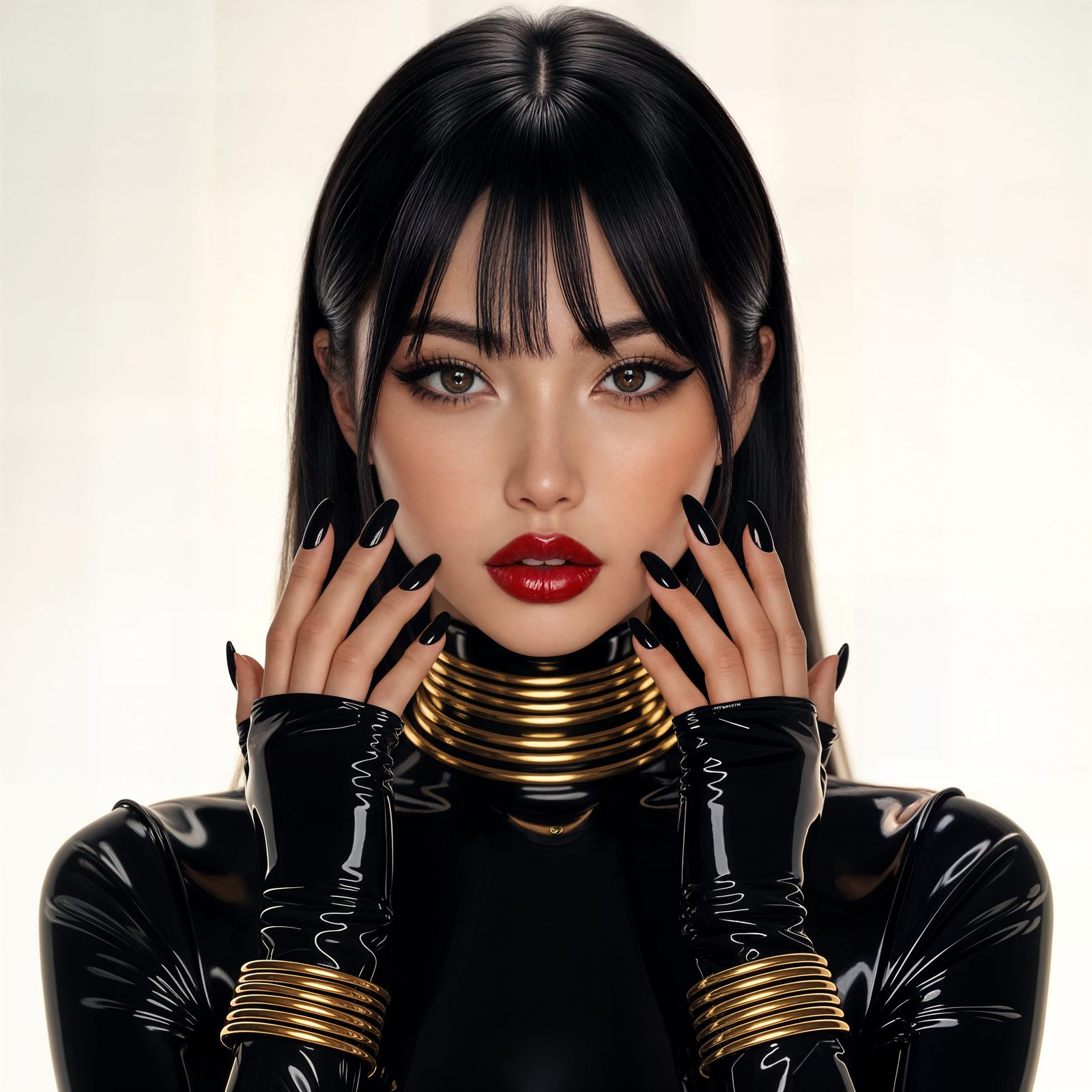 Sly Japanese Beauty in Black Latex with Golden Jewelry